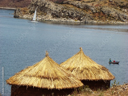 Round houses on Ticonata Island, near Capachica-peninsula (Lake Titicaca, Puno, Peru)
