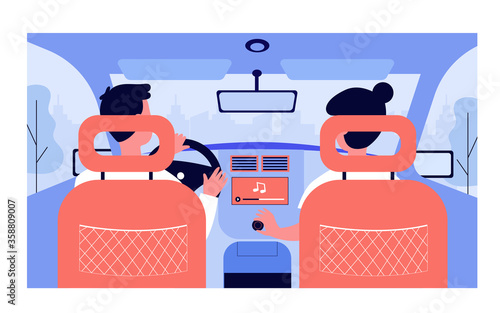 People listening to music while travelling by car. View from backseat of couple on passenger and driver seats inside car interior. Vector illustration for transportation, vehicle, trip concept