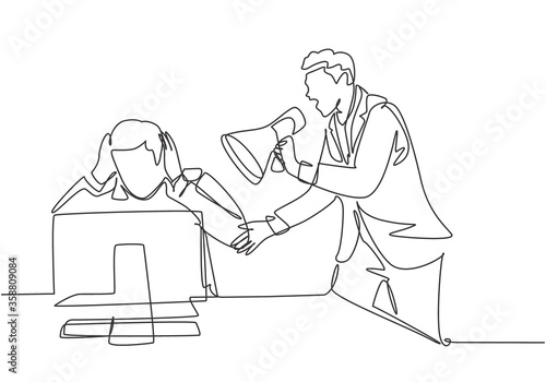 Single continuous line drawing of young frustrated manager shouting his frightened male staff using megaphone. Work pressure at the office concept one line draw design graphic vector illustration