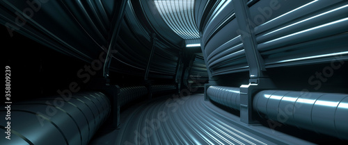 Futuristic tunnel. Space ship corridor. Gloomy cyberpunk scene. Future concept. 3D illustration. Dark industrial wallapaper.