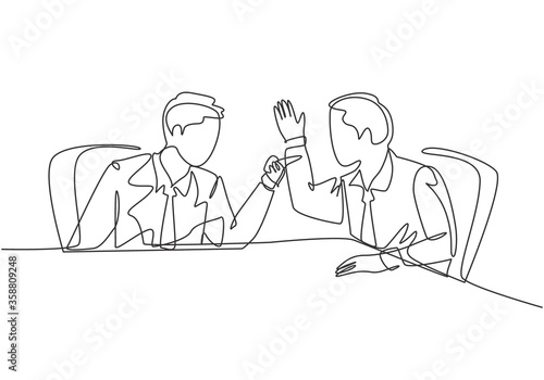 One single line drawing of young angry businessman pointing finger to his shouting colleague then they blaming each others. Business problem concept continuous line draw design vector illustration
