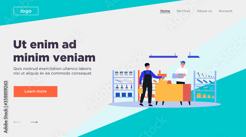 Male customer buying construction tools in store. Man standing at cash register counter and paying cash. Vector illustration for hardware construction shop, building worker, home repair concept