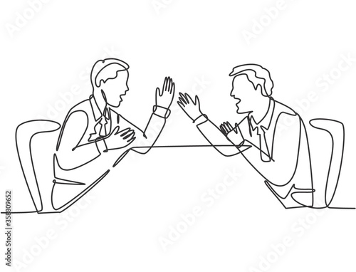 One single line drawing of young angry businessman screaming to his shouting business partner then they blaming each others. Business problem concept continuous line draw design vector illustration
