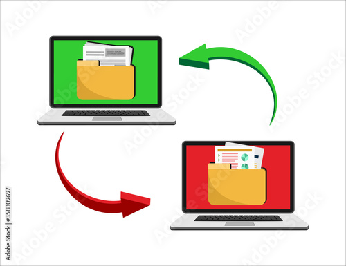 File transfer. Two laptops with folders on screen and transferred documents. Copy files, data exchange, backup, PC migration, file sharing concepts. Flat design graphic elements. Vector illustration