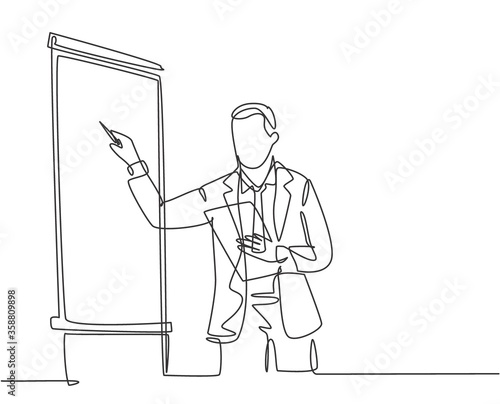 One continuous line drawing of businessman presenter drawing graph chart on screen board while on meeting. Business presentation at the office concept single line draw design vector illustration