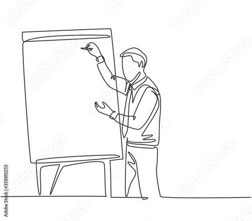 Single continuous line drawing of young business coach writing strategy to increase company growth on flip chart in front of class. Business coaching concept one line draw design vector illustration