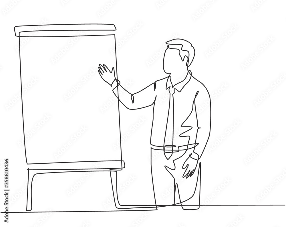 One continuous line drawing of young presenter delivering increasing product sales report to finance manager. Business presentation at the office concept single line draw design vector illustration One continuous line drawing of young presenter delivering increasing product sales report to finance manager. Business presentation at the office concept single line draw design vector illustration