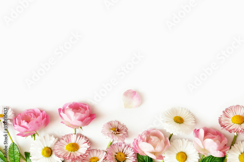 Beautiful frame of bright flowers  petals and leaves