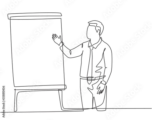 One continuous line drawing of young presenter delivering increasing product sales report to finance manager. Business presentation at the office concept single line draw design vector illustration