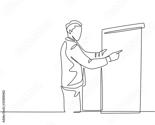Single continuous line drawing of young sales manager pointing a finger to the infographic on screen board during meeting. Work presentation at office concept one line draw design vector illustration