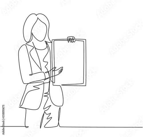 Single continuous line drawing of young female presenter presenting new product launch using tablet while meeting at the office. Work presentation concept one line draw design vector illustration