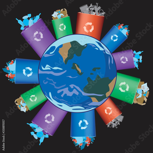 Planet earth and large waste bins for sorting and recycling, flat vector stock illustration with planet earth and waste as a concept of saving the planet