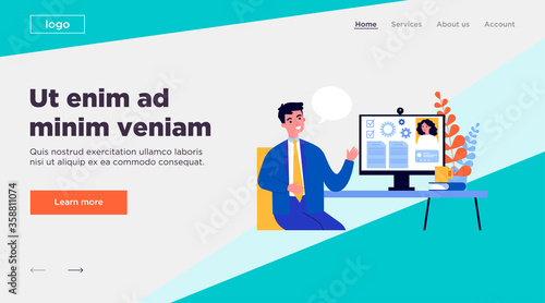 Business colleagues chatting online and discussing project. App for work, conference call, workflow flat vector illustration. Teamwork, lockdown concept for banner, website design or landing web page