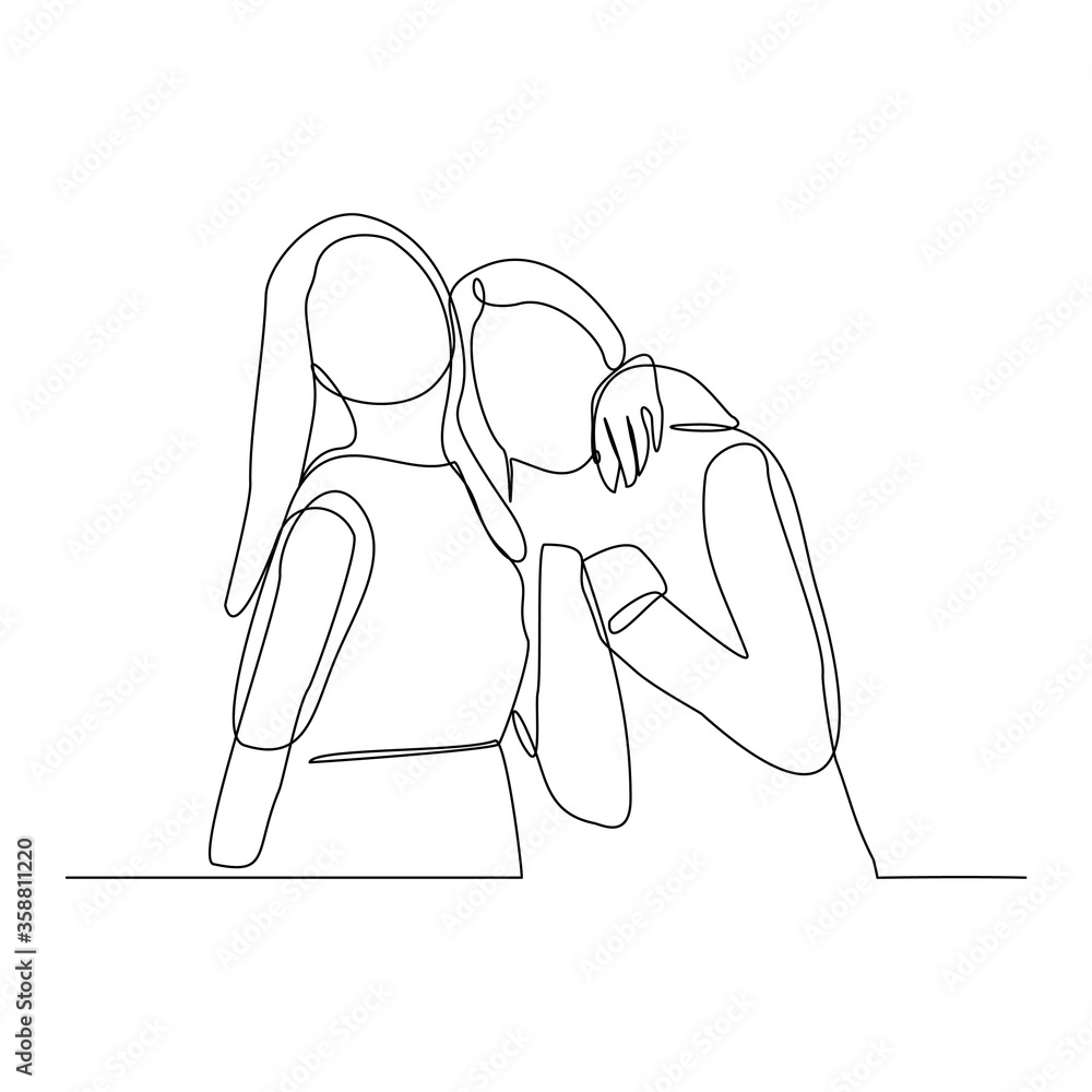 Continuous line drawing of women embrace together in friendship. Vector illustration Continuous line drawing of women embrace together in friendship. Vector illustration