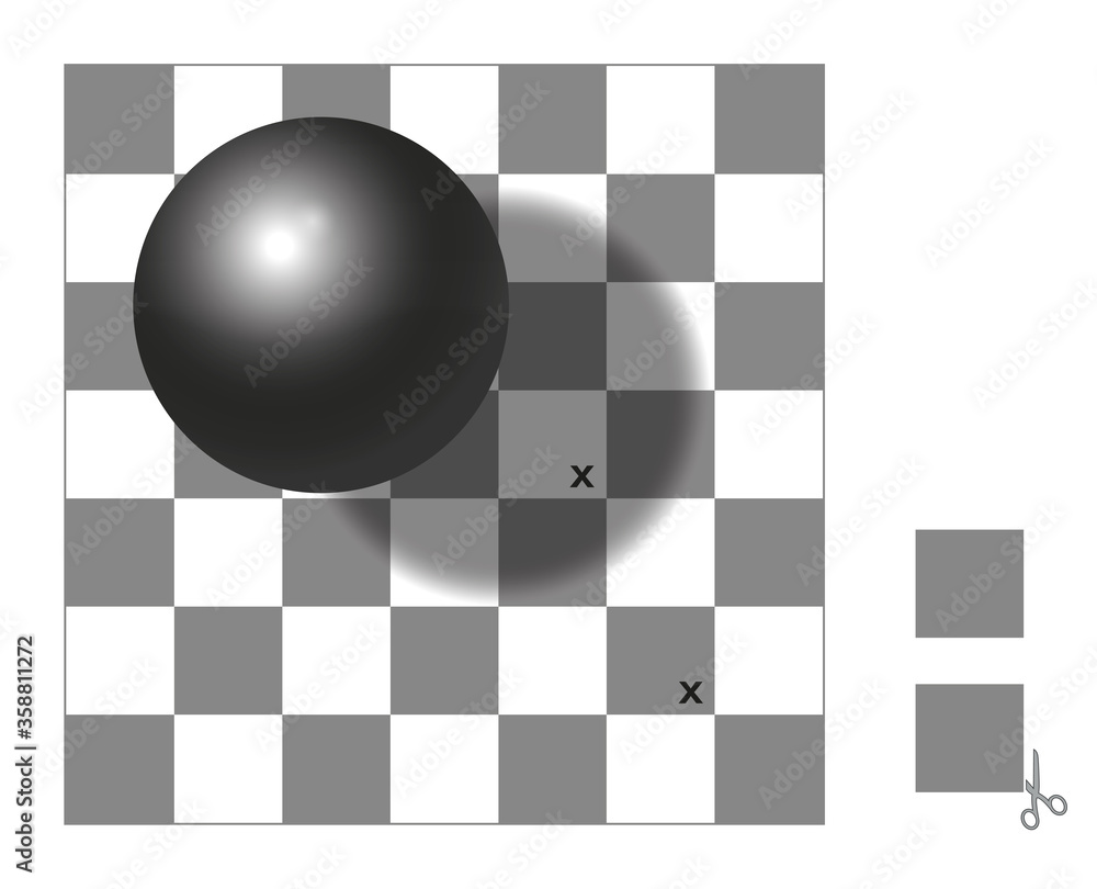 Optical illusion. Checker shadow illusion. The two squares with x mark