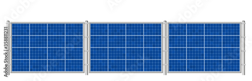 Solar fence. Photovoltaic panels for ecological electricity production. Solar plates collector set. Isolated vector illustration on white background.

