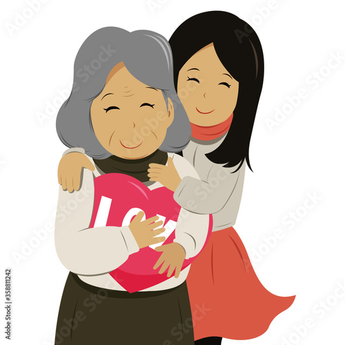 young woman hug her mother cartoon character design