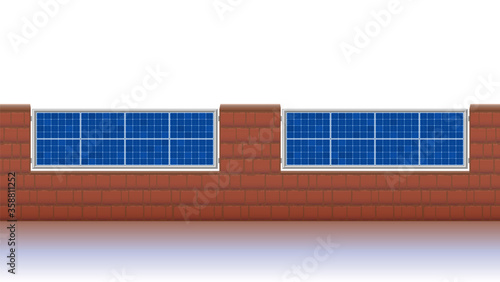 Photovoltaic fence. Solar panels for ecological electricity production. Brick wall with solar plates collector set. Isolated vector illustration on white background, seamless extendable.
