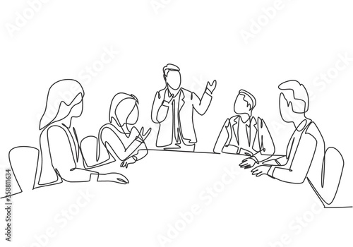 One continuous line drawing of young happy board of directors discussing company profit sharing during meeting. Business training concept. Trendy single line draw design vector graphic illustration