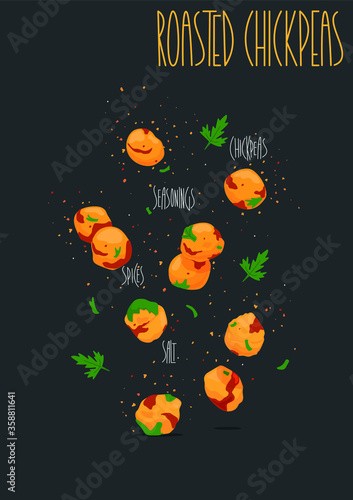 Roasted Chickpeas with spices.Traditional Indian cuisine. Vector illustration