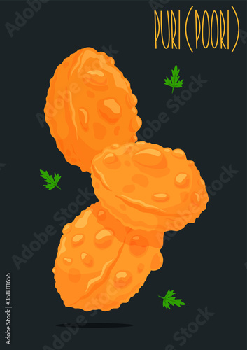Indian food puri or poori. Vector illustration