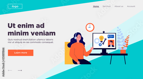 Young woman talking with service assistant online. Computer, distance, chat flat vector illustration. Isolation and digital technology concept for banner, website design or landing web page