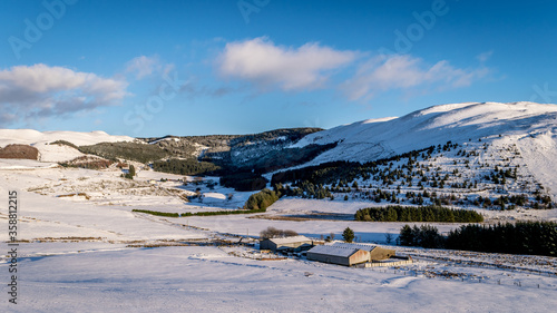 Cwmystwyth Valley in the winter time, landscape, snow, blue sky, Wales, United Kingdom, Europe photo