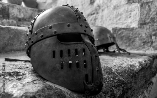 medieval knight helmet on the castle window. Black and White, Dover, England, Europe