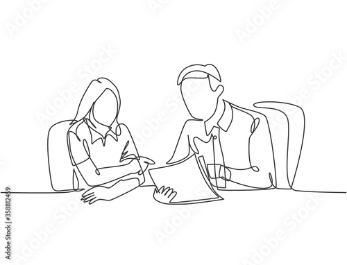One single line drawing of two young male and female worker holding a paper and discussing about work together at the office. Job discussion concept continuous line draw design vector illustration