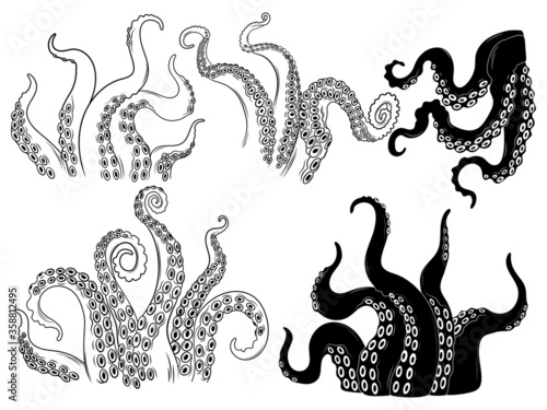 Set of octopus tentacles. Сollection of gigantic limbs with suction cups of a marine inhabitant. Octopus logo. Sea monster. Vector illustration for children.