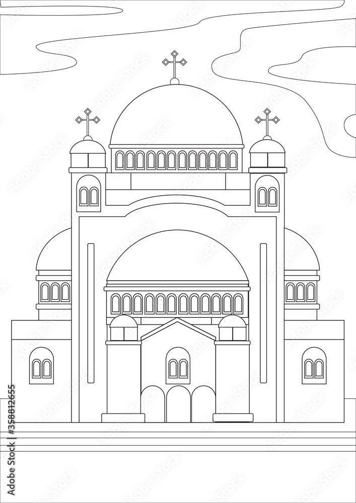 Coloring page with an orthodox cathedral as a concept of a religious temple, outline stock vector illustration in A4 format