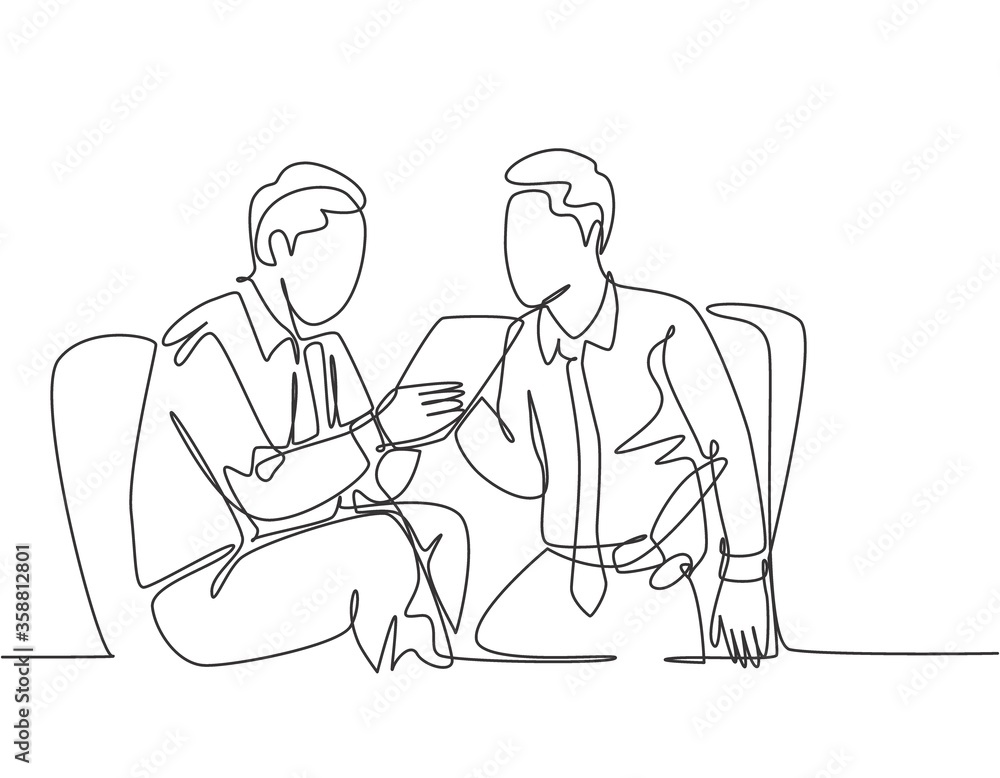One continuous line drawing of young marketing manager presenting new strategy to growing product sales to company CEO. Business meeting concept single line draw design vector graphic illustration