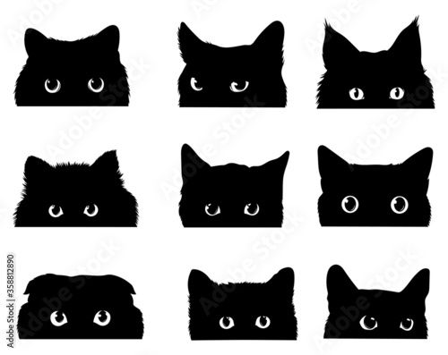 Set of black cats looking out of the corner. Collection of cat faces that spy on you. Playing pets. Tattoo.