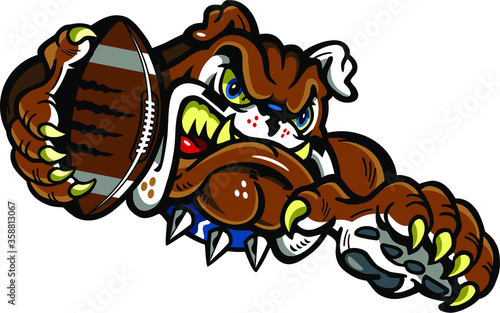 bulldog football mascot holding ball in paw for school, college or league