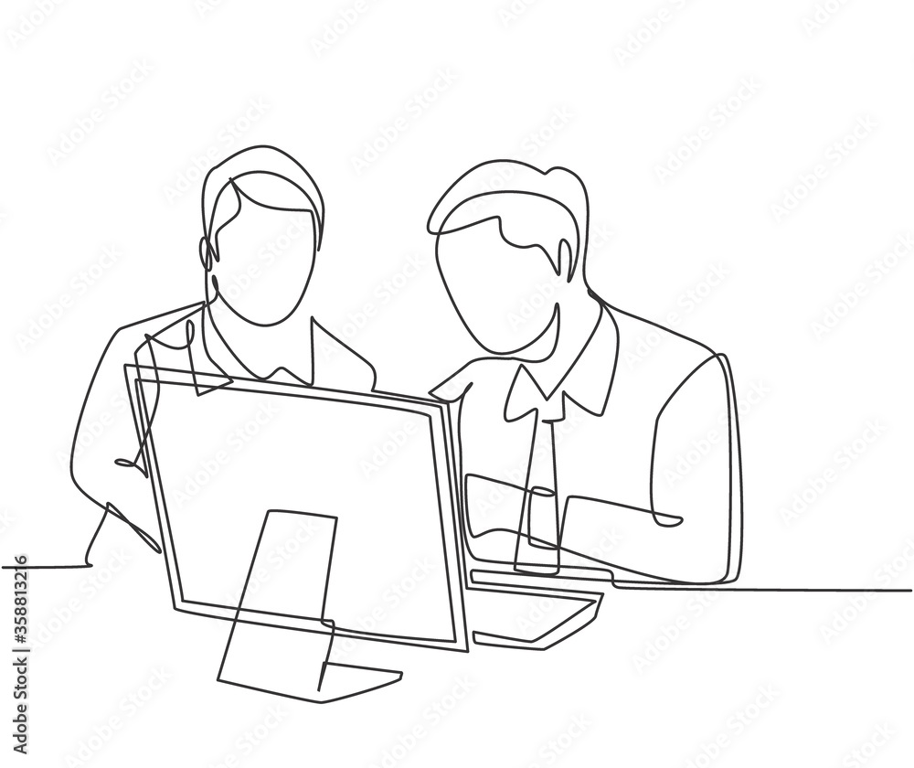 Single continuous line drawing of two young sales manager analyze sales growth chart on screen monitor with marketing staff. Sales growth evaluation concept one line draw design vector illustration Single continuous line drawing of two young sales manager analyze sales growth chart on screen monitor with marketing staff. Sales growth evaluation concept one line draw design vector illustration