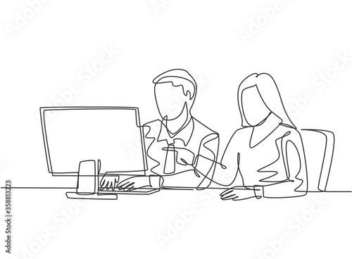Single continuous line drawing of two young serious male and female worker watching sales chart on computer screen. Sales growth business concept one line draw design graphic vector illustration