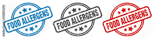 food allergens stamp. food allergens round isolated sign. food allergens label set