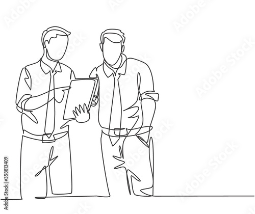 One continuous line drawing of young employee talking to his colleague discussing new company project during meeting. Office talk concept. Trendy single line draw design vector graphic illustration