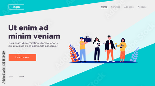 Female journalists with microphones interviewing man. Operator shooting reporters conversation with male character. Vector illustration for news, reportage, mass media concept
