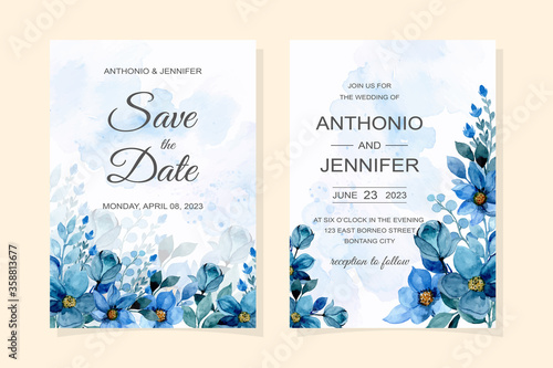 wedding invitation card with blue floral watercolor