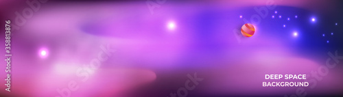 Galaxy universe background, wide vector illustration. Purple, pink soft colors, little planet, shining stars, futuristic background with space for text. Graphic design elements, digital science sky.