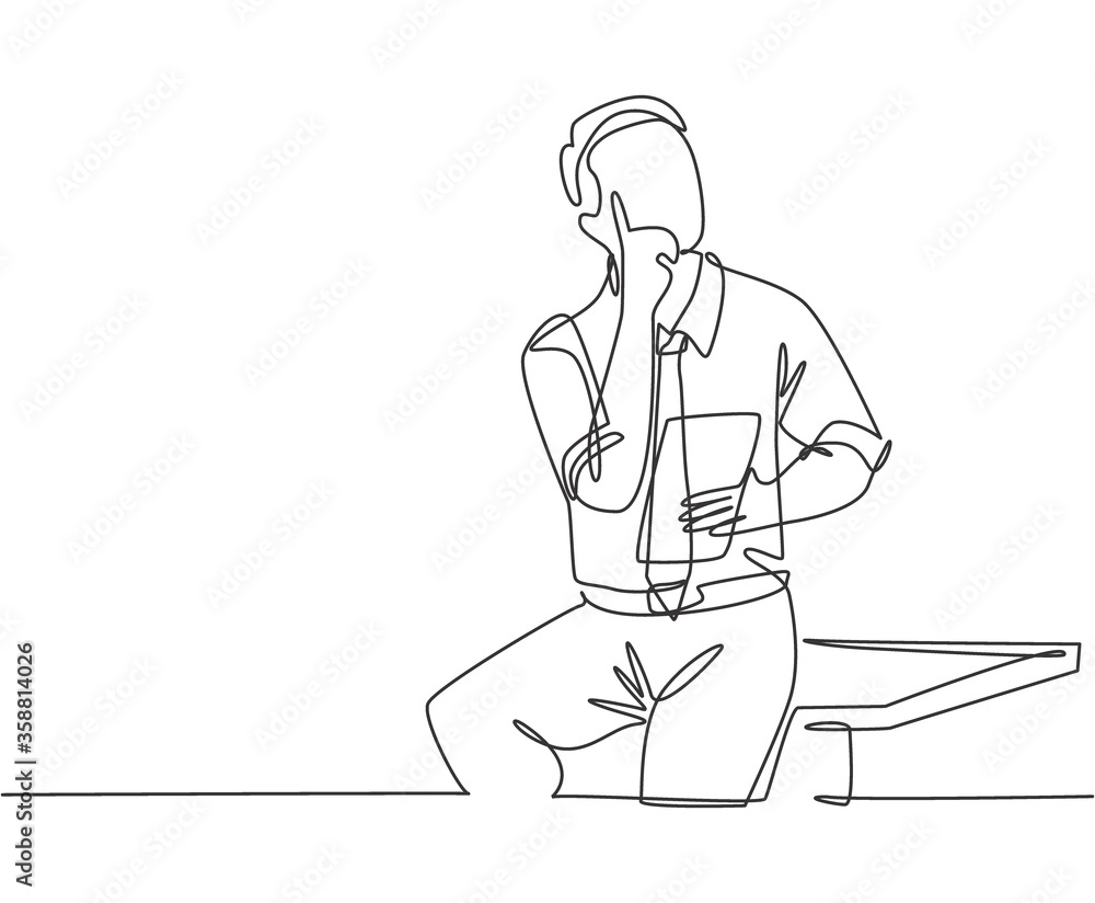 One single line drawing of young manager focus thinking about his career continuity in the company after promotion. Successful career path concept continuous line draw design vector illustration
