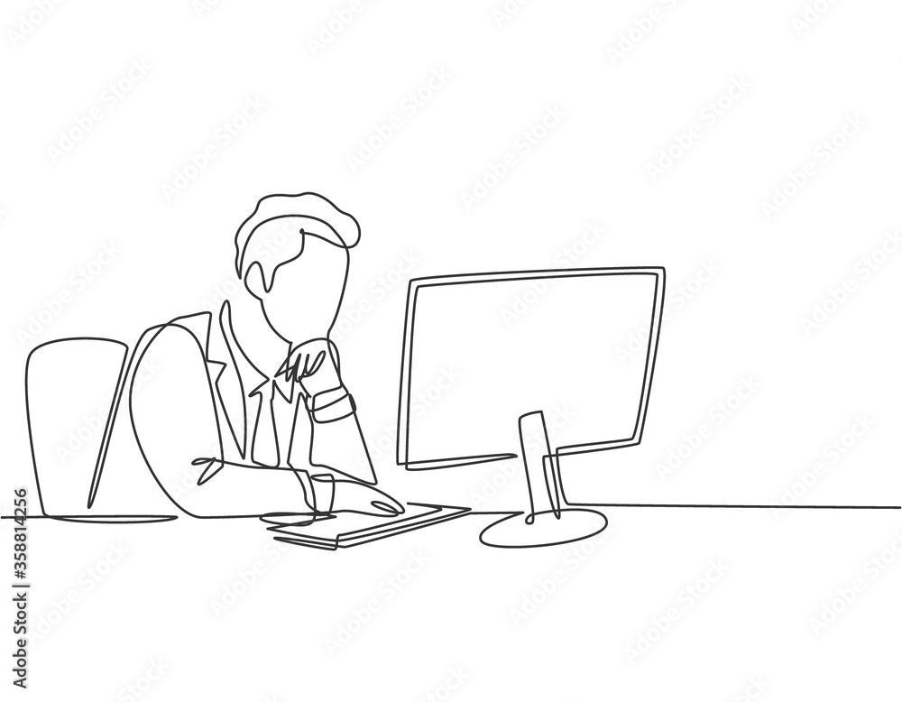 Single continuous line drawing of young male manager sitting on his chair and thinking seriously watching the computer screen. Business analyze concept one line draw design vector graphic illustration