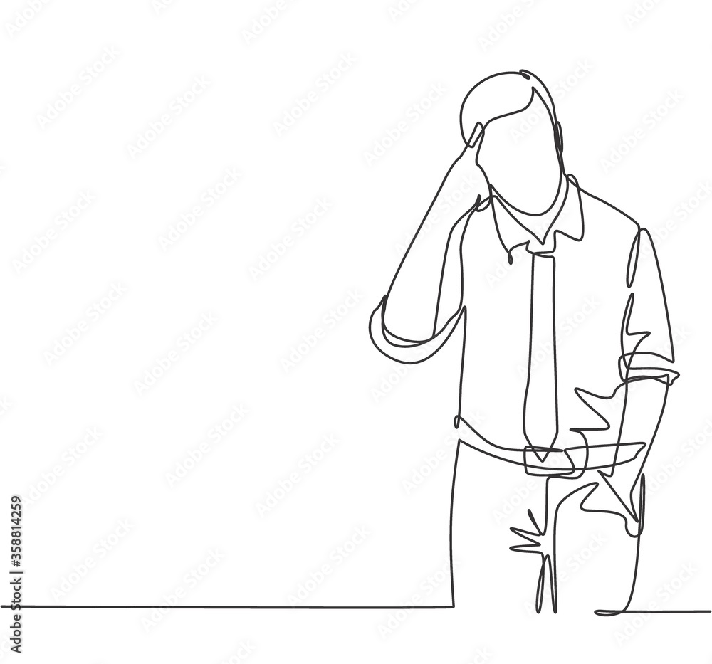 One continuous line drawing of young confused worker standing and thinking solution for his job problem at the office. Think idea concept single line draw design vector illustration One continuous line drawing of young confused worker standing and thinking solution for his job problem at the office. Think idea concept single line draw design vector illustration