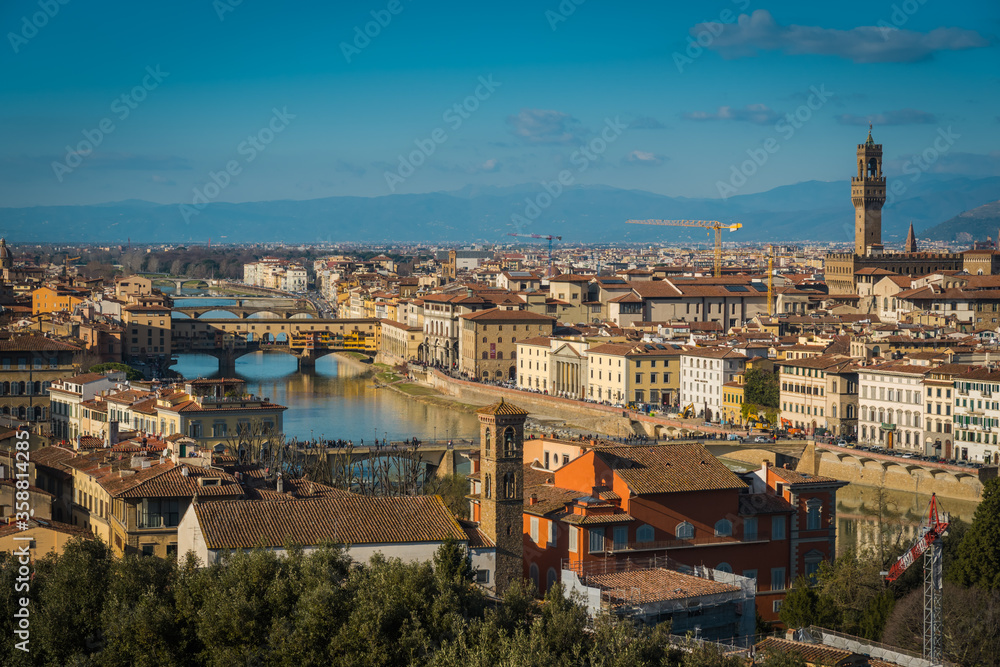 Fototapeta FLORENCE, TUSCANY / ITALY - DECEMBER 27 2019: View from the top on Florence city in Italy