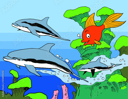 Sea life - Goldfish swim in the coral reef with a flock of dolphins