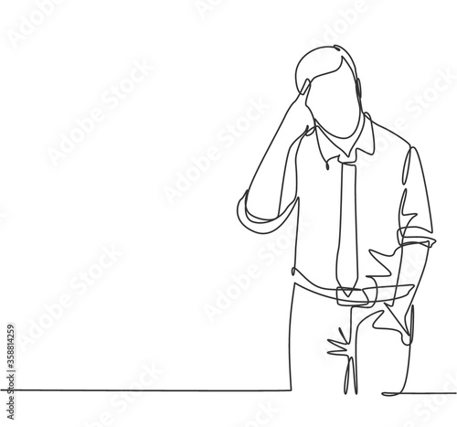 One continuous line drawing of young confused worker standing and thinking solution for his job problem at the office. Think idea concept single line draw design vector illustration