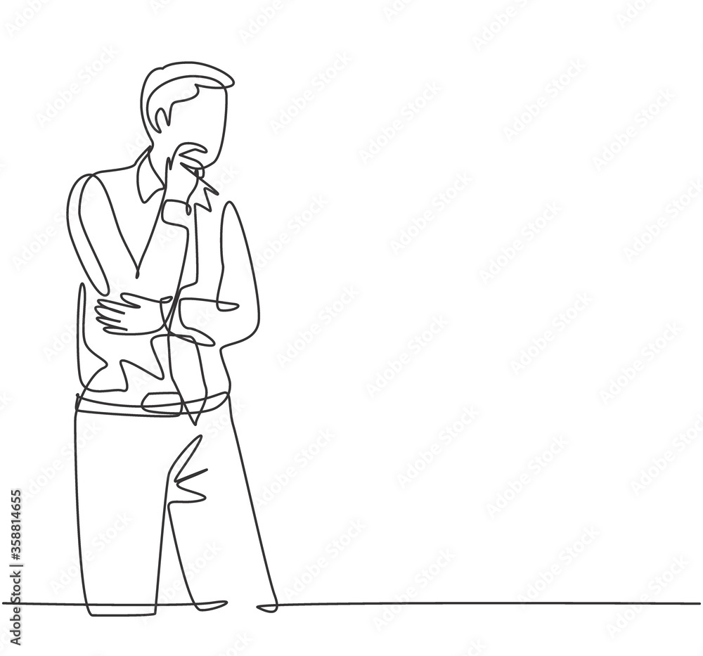 One single line drawing of young male manager focus thinking solution for company problems at the office. Solution strategy concept. Trendy continuous line draw design graphic vector illustration One single line drawing of young male manager focus thinking solution for company problems at the office. Solution strategy concept. Trendy continuous line draw design graphic vector illustration