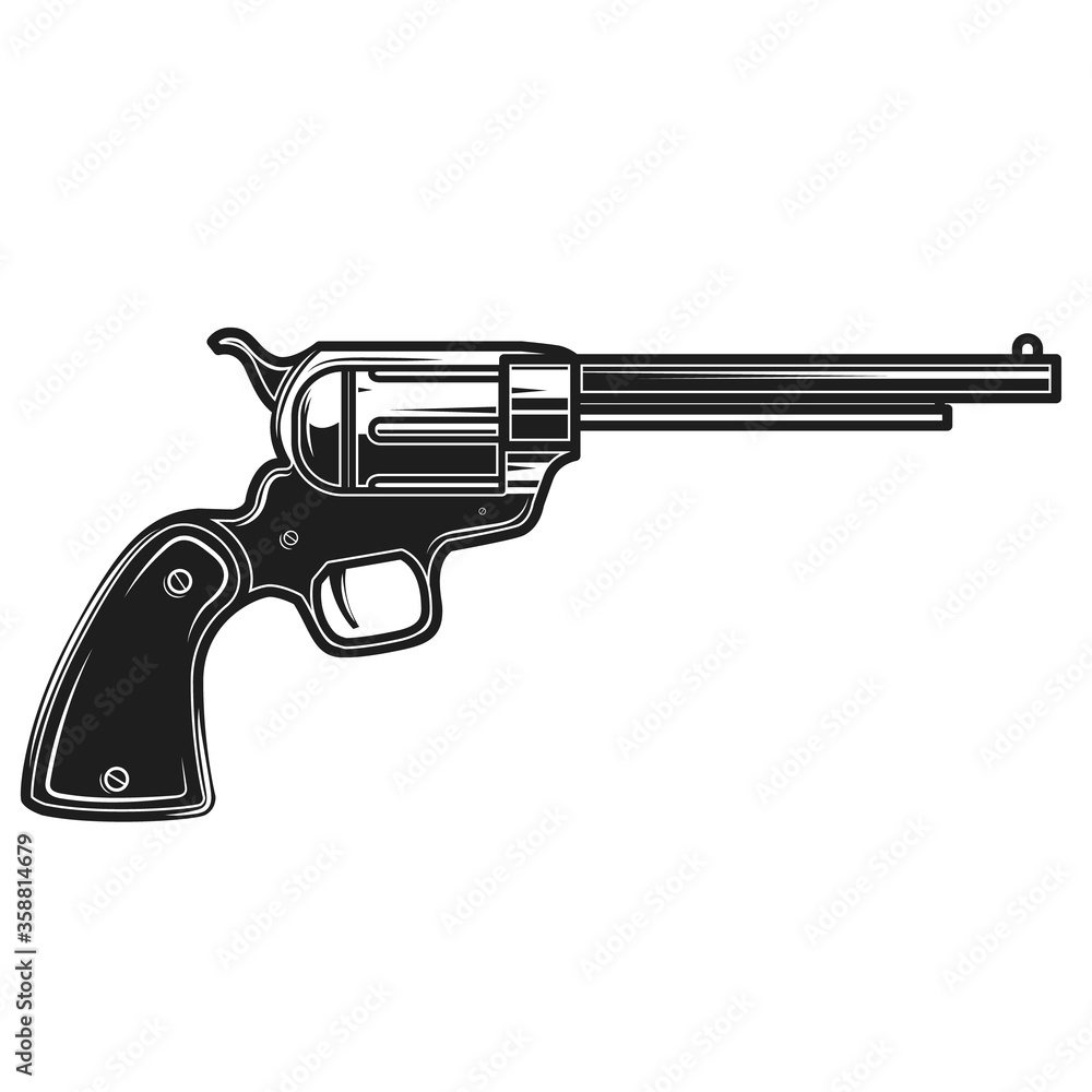 Illustration of cowboy revolver isolated on white background. Design element for poster, card, banner, logo, label, sign, badge, t shirt. Vector illustration Illustration of cowboy revolver isolated on white background. Design element for poster, card, banner, logo, label, sign, badge, t shirt. Vector illustration