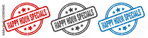 happy hour specials stamp. happy hour specials round isolated sign. happy hour specials label set